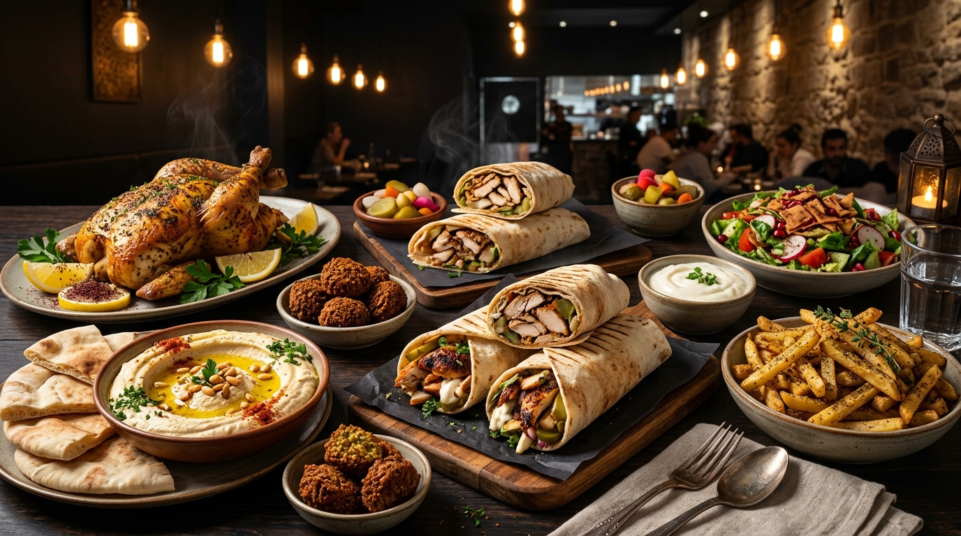 Beirut Xpress food collage showing shawarma, hummus, and signature dips