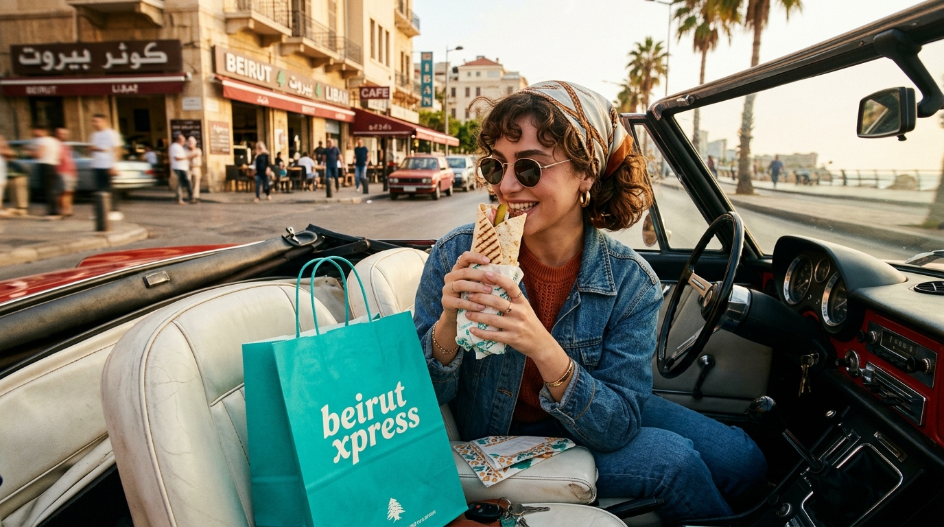 Beirut Xpress authentic Lebanese shawarma and signature turquoise takeaway bag in vintage car