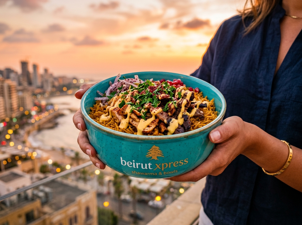 Signature Beirut Meat Rice Bowl with saffron rice and garlic toum
