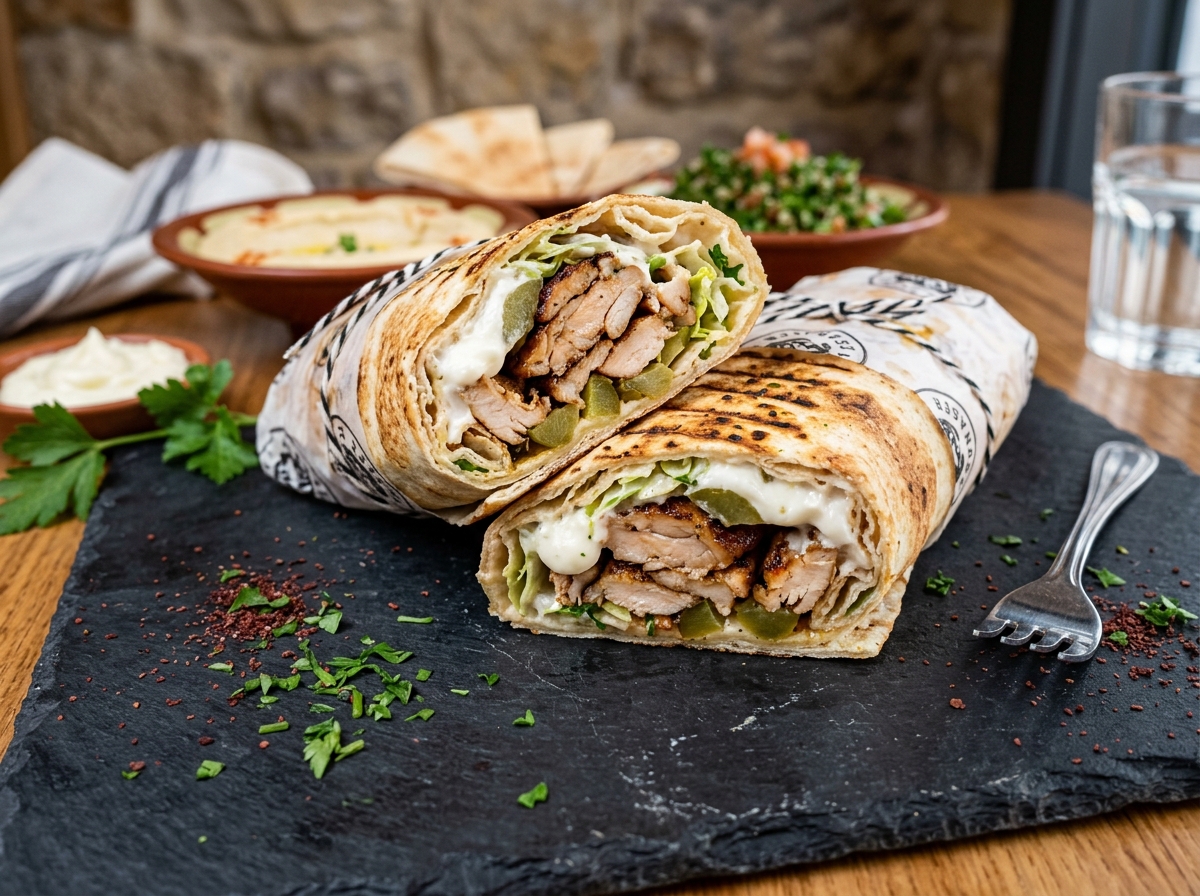 Beirut Xpress authentic chicken shawarma with whipped garlic toum and pickles